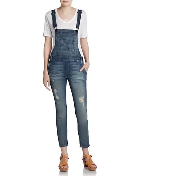 Saks Fifth Ave GRAY Skinny Denim Overall Casual Braces Jaeans Jumpsuit - Picture 1 of 13